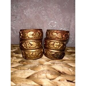 Set of 6 Vintage Hand Carved‎ Gold Wooden Napkin Rings Floral Leaf Boho Decor